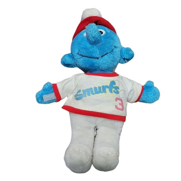 Vintage 80s Smurf 12 in Plush Smurfs Baseball Shirt Peyo Wallace Berrie Schleich - Picture 2 of 6